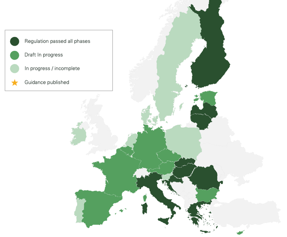 Political map of Europe showing the status of the EU's NIS2 Directive in member states.